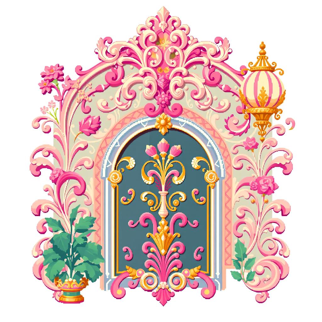 A vibrant 32x32 pixel art piece showcasing the exquisite style of rococo