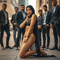 An elegant and captivating woman in a hijab, radiating sexy charm while wearing a stylish bra