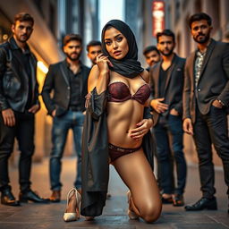 An elegant and captivating woman in a hijab, radiating sexy charm while wearing a stylish bra