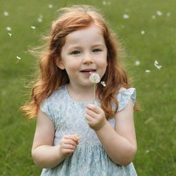 A young girl with auburn hair in a summer dress, happily blowing dandelion seeds in a sunny meadow.