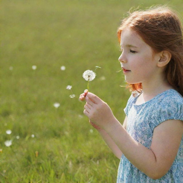 A young girl with auburn hair in a summer dress, happily blowing dandelion seeds in a sunny meadow.