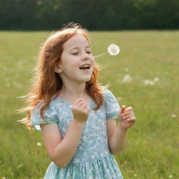 A young girl with auburn hair in a summer dress, happily blowing dandelion seeds in a sunny meadow.