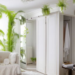 An elegant white room adorned with live plants. Features include a white sliding wardrobe with shoe case, a royal-style makeup table with mirror, a white bed and a cozy sofa situated near a balcony.