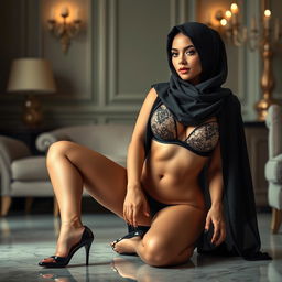 A realistic and elegant woman in a hijab, embodying a sexy allure while wearing a stylish bra