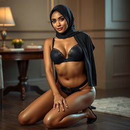 A realistic and elegant woman in a hijab, embodying a sexy allure while wearing a stylish bra