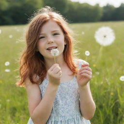 A young girl with auburn hair in a summer dress, happily blowing dandelion seeds in a sunny meadow.