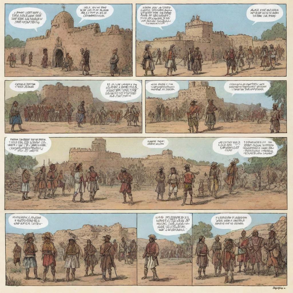 A one-panel comic strip depicting a historically accurate and respectful representation of the Spanish colonization period. It includes visual details denoting colonial architecture, Spanish conquistadors, indigenous people, as well as symbols of cultural mixture.