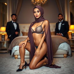 An elegant and attractive Asian woman in a hijab, exuding a sexy charm while wearing a stylish bra