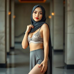 A stunning Asian woman in an elegant hijab, exuding a sexy and sophisticated aura, wearing a fashionable bra that complements her figure