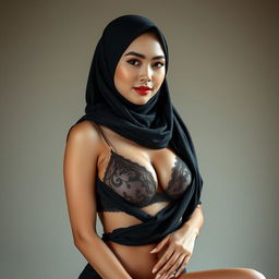 A stunning Asian woman in an elegant hijab, exuding a sexy and sophisticated aura, wearing a fashionable bra that complements her figure