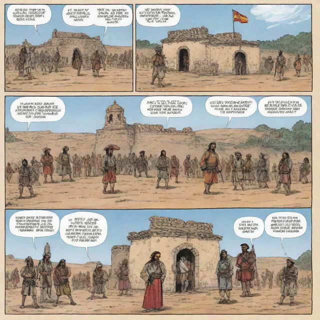 A one-panel comic strip depicting a historically accurate and respectful representation of the Spanish colonization period. It includes visual details denoting colonial architecture, Spanish conquistadors, indigenous people, as well as symbols of cultural mixture.