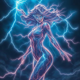 A stunning fantasy portrayal of a female figure composed entirely of vibrant, crackling lightning