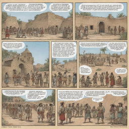 A one-panel comic strip depicting a historically accurate and respectful representation of the Spanish colonization period. It includes visual details denoting colonial architecture, Spanish conquistadors, indigenous people, as well as symbols of cultural mixture.