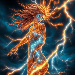 A stunning fantasy portrayal of a female figure composed entirely of vibrant, crackling lightning