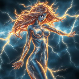 A stunning fantasy portrayal of a female figure composed entirely of vibrant, crackling lightning