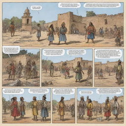 A one-panel comic strip depicting a historically accurate and respectful representation of the Spanish colonization period. It includes visual details denoting colonial architecture, Spanish conquistadors, indigenous people, as well as symbols of cultural mixture.