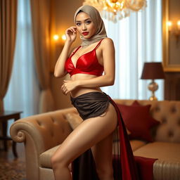 A stunning Asian woman in an elegant hijab, radiating a sexy charm while wearing a striking red bra and matching panties