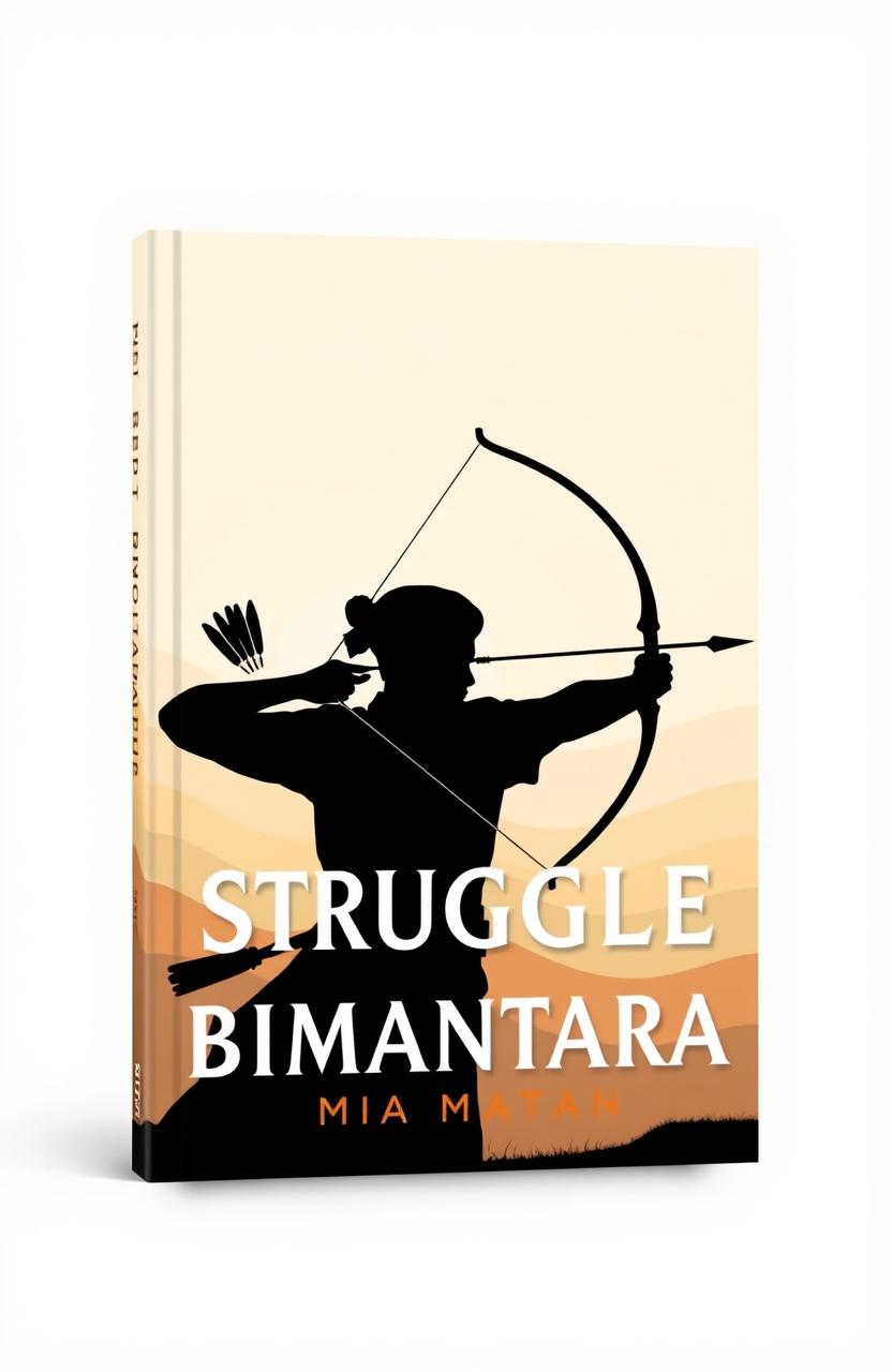 A simple book cover design featuring the theme of bow and arrow struggle and Bimantara, with a striking silhouette of an archer in action