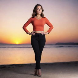 A full-length portrait of a confident woman standing with her hands on her hips against a stunning sunset background.