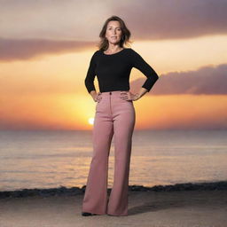 A full-length portrait of a confident woman standing with her hands on her hips against a stunning sunset background.