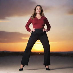 A full-length portrait of a confident woman standing with her hands on her hips against a stunning sunset background.