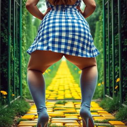 An extreme close-up of a round, curvy booty bending over, wearing a playful blue and white checkered minidress that accentuates the shape