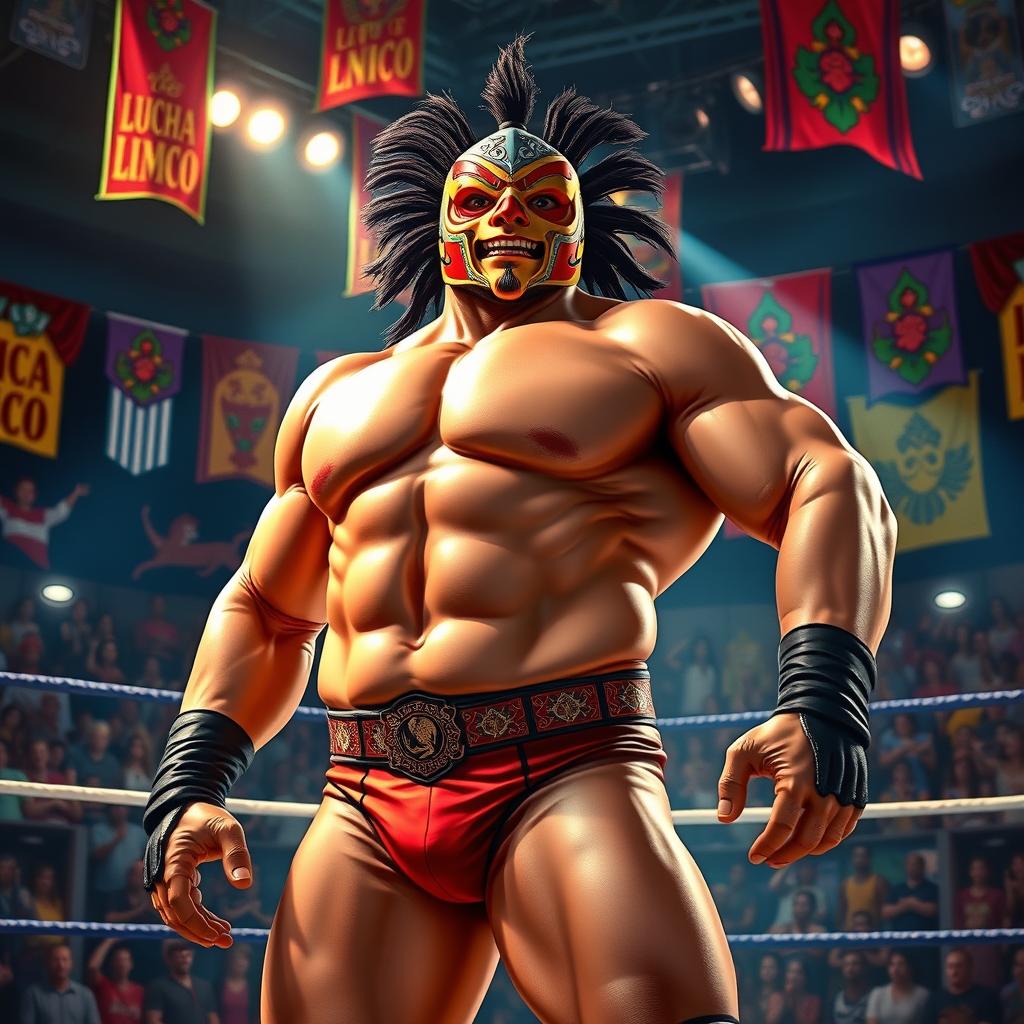 An artistic interpretation of 'El Manco', a legendary Mexican wrestler, depicted as a muscular and charismatic figure with a unique mask