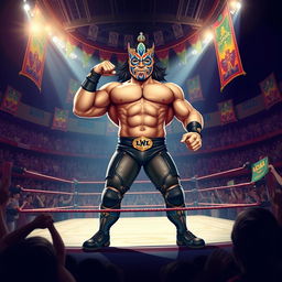 An artistic interpretation of 'El Manco', a legendary Mexican wrestler, depicted as a muscular and charismatic figure with a unique mask