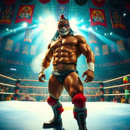 An artistic interpretation of 'El Manco', a legendary Mexican wrestler, depicted as a muscular and charismatic figure with a unique mask