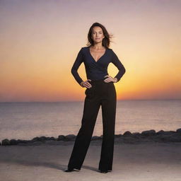 A full-length portrait of a confident woman standing with her hands on her hips against a stunning sunset background.