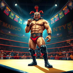 An artistic interpretation of 'El Manco', a legendary Mexican wrestler, depicted as a muscular and charismatic figure with a unique mask