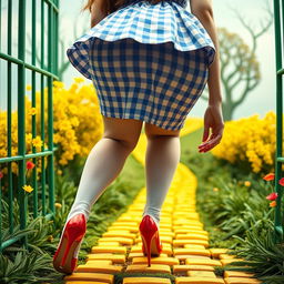 An extreme close-up of a round, curvy feminine backside, bending over with an alluring pose, showcasing a blue and white checkered minidress that accentuates the curves