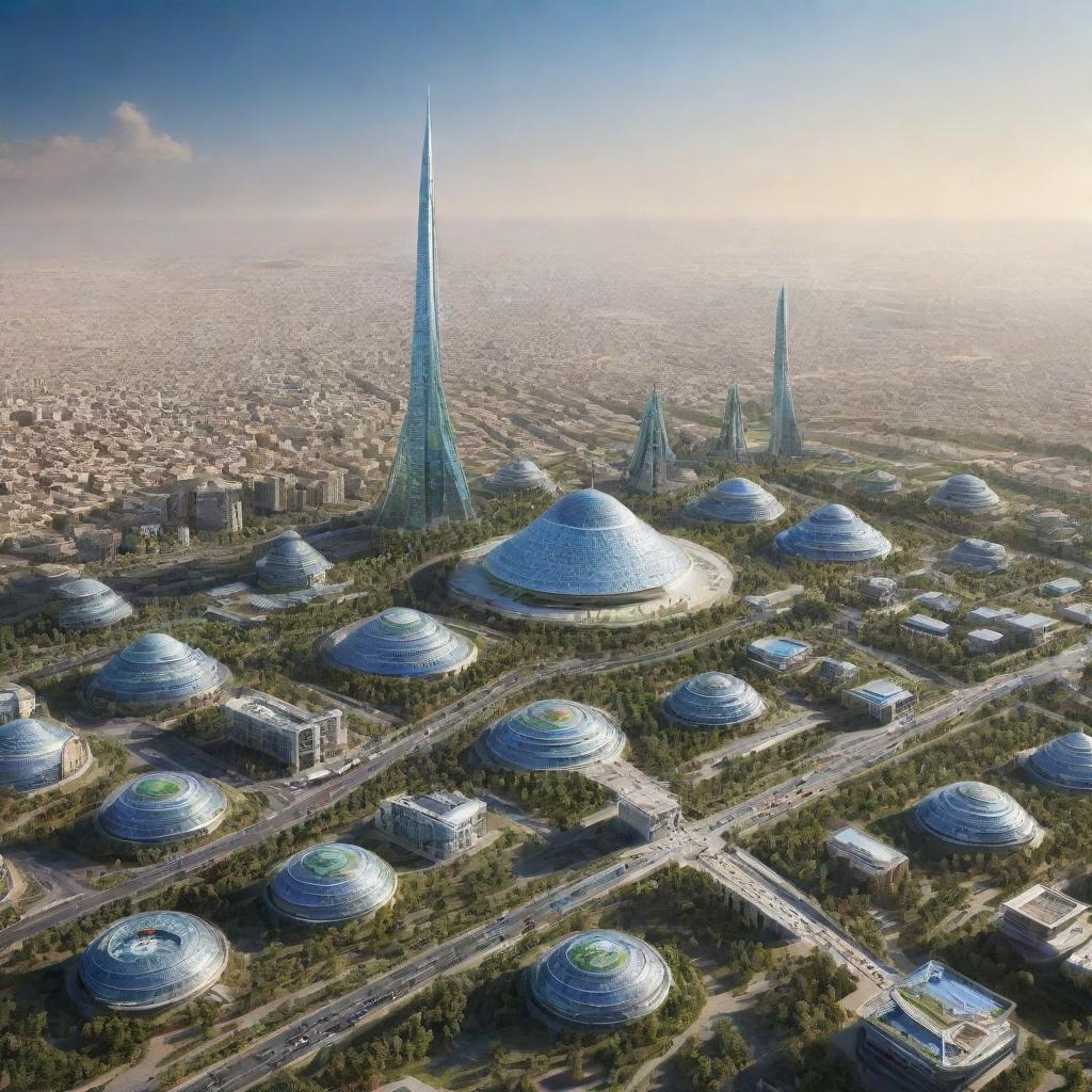 Imaginary future rendition of Iran, featuring advanced technology, futuristic buildings, and transformed landscapes.