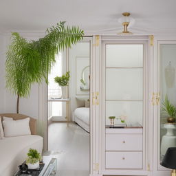 An elegant white room adorned with live plants. Features include a white sliding wardrobe with shoe case, a royal-style makeup table with mirror, a white bed and a cozy sofa situated near a balcony.