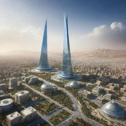 Imaginary future rendition of Iran, featuring advanced technology, futuristic buildings, and transformed landscapes.