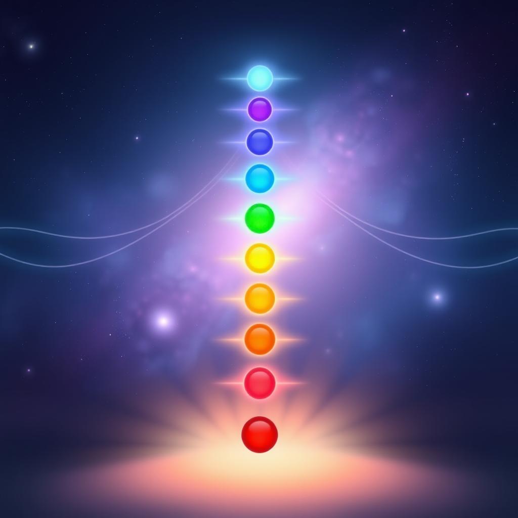 An illustration depicting the 7 chakras glowing in harmony, aligned vertically from the root chakra (red) at the base of the spine to the crown chakra (violet) at the top of the head