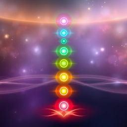 An illustration depicting the 7 chakras glowing in harmony, aligned vertically from the root chakra (red) at the base of the spine to the crown chakra (violet) at the top of the head