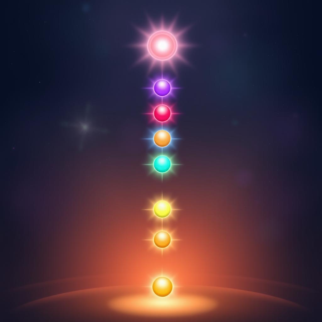 An illustration depicting the 7 chakras glowing in harmony, aligned vertically from the root chakra (red) at the base of the spine to the crown chakra (violet) at the top of the head