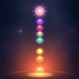 An illustration depicting the 7 chakras glowing in harmony, aligned vertically from the root chakra (red) at the base of the spine to the crown chakra (violet) at the top of the head