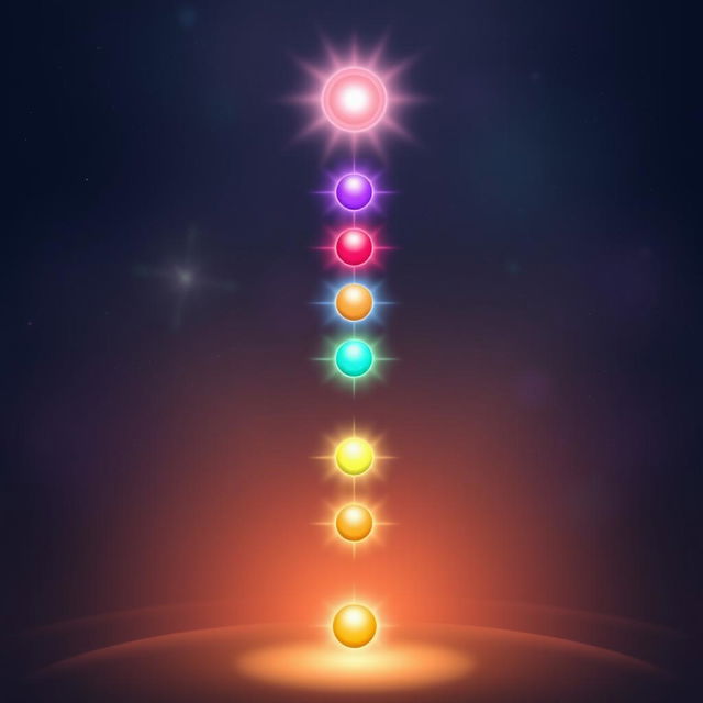 An illustration depicting the 7 chakras glowing in harmony, aligned vertically from the root chakra (red) at the base of the spine to the crown chakra (violet) at the top of the head