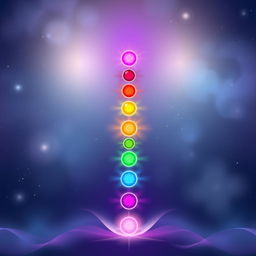 An illustration depicting the 7 chakras glowing in harmony, aligned vertically from the root chakra (red) at the base of the spine to the crown chakra (violet) at the top of the head