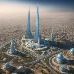 Imaginary future rendition of Iran, featuring advanced technology, futuristic buildings, and transformed landscapes.