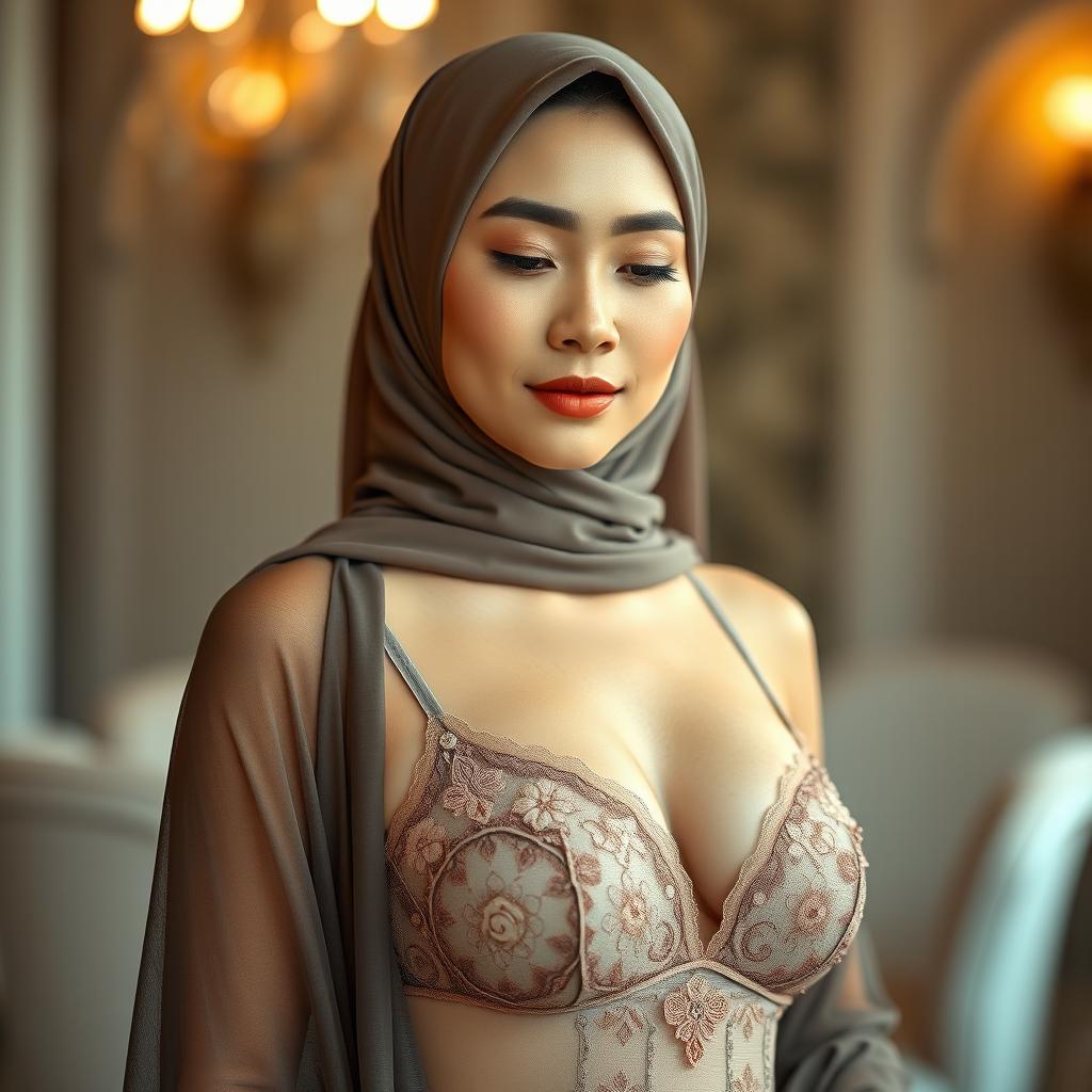 A stunningly realistic portrait of an Indonesian woman wearing elegant lingerie paired with a stylish hijab