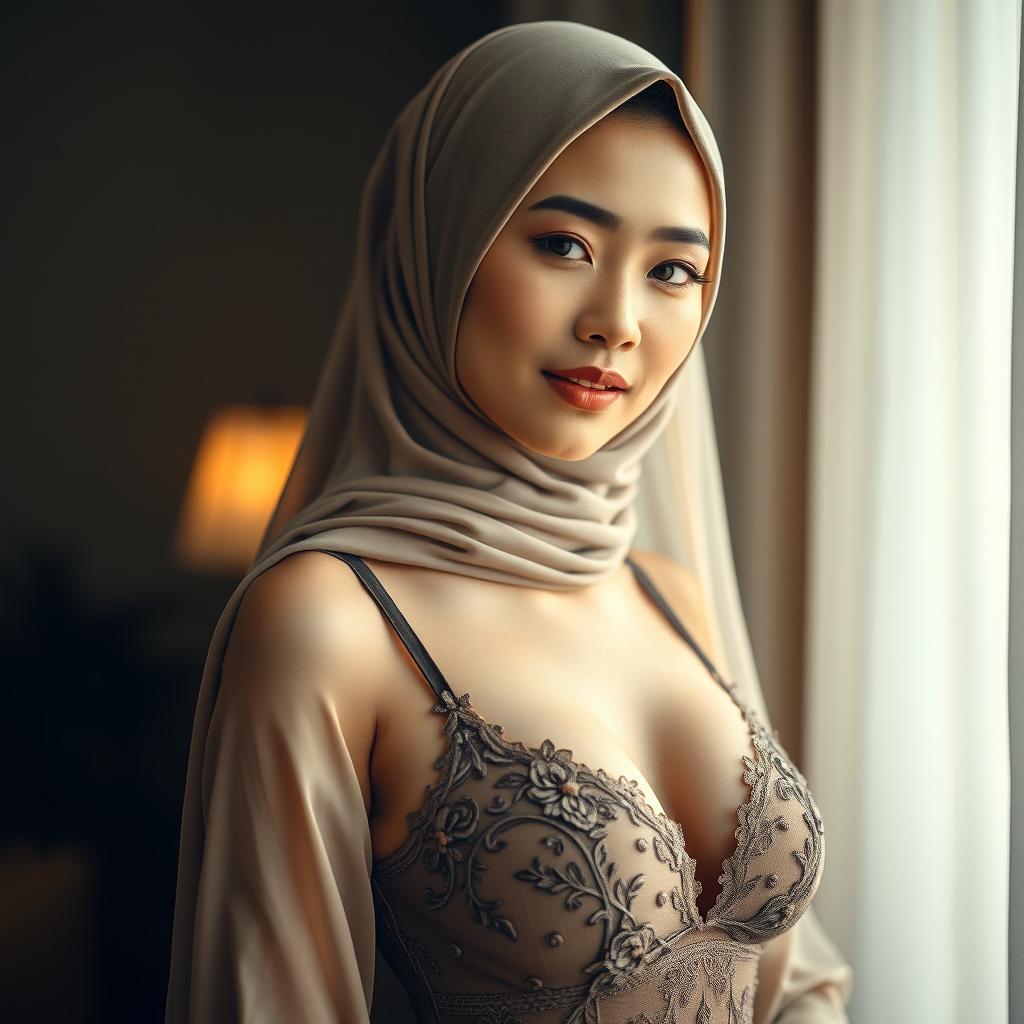 A stunningly realistic portrait of an Indonesian woman wearing elegant lingerie paired with a stylish hijab