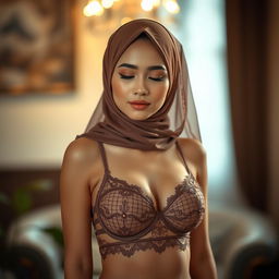 A stunningly realistic portrait of an Indonesian woman wearing elegant lingerie paired with a stylish hijab