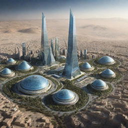 Imaginary future rendition of Iran, featuring advanced technology, futuristic buildings, and transformed landscapes.