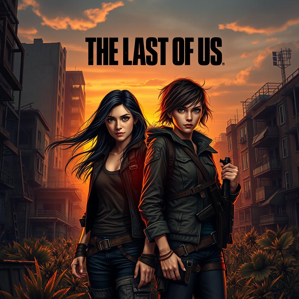 A captivating book cover featuring two strong female protagonists inspired by Dina and Ellie from The Last of Us