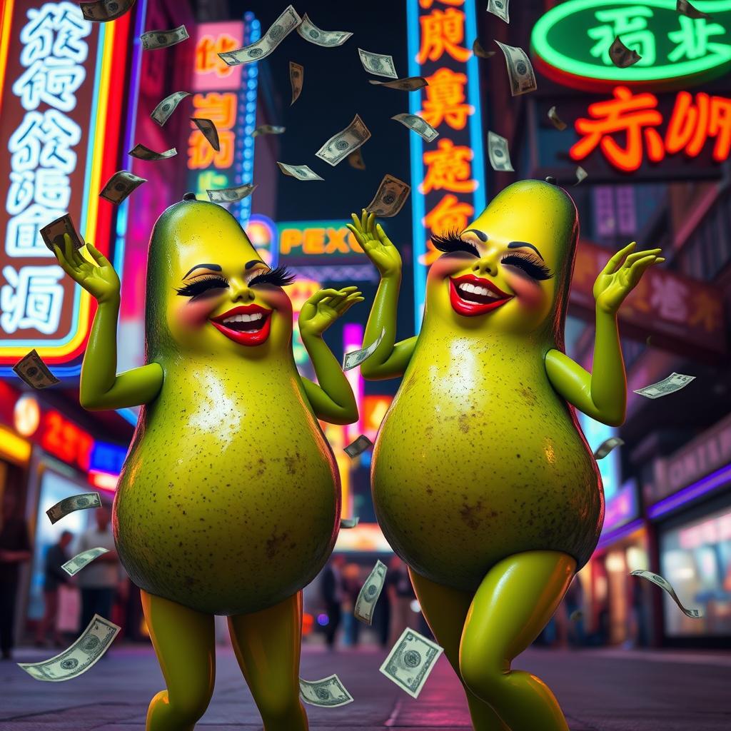 A vibrant and lively scene featuring two realistic feminine avocados, each with very long eyelashes, big luscious red lips, and curvy figures, twerking joyfully