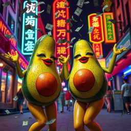 A vibrant and lively scene featuring two realistic feminine avocados, each with very long eyelashes, big luscious red lips, and curvy figures, twerking joyfully