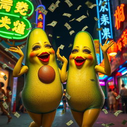 A vibrant and lively scene featuring two realistic feminine avocados, each with very long eyelashes, big luscious red lips, and curvy figures, twerking joyfully